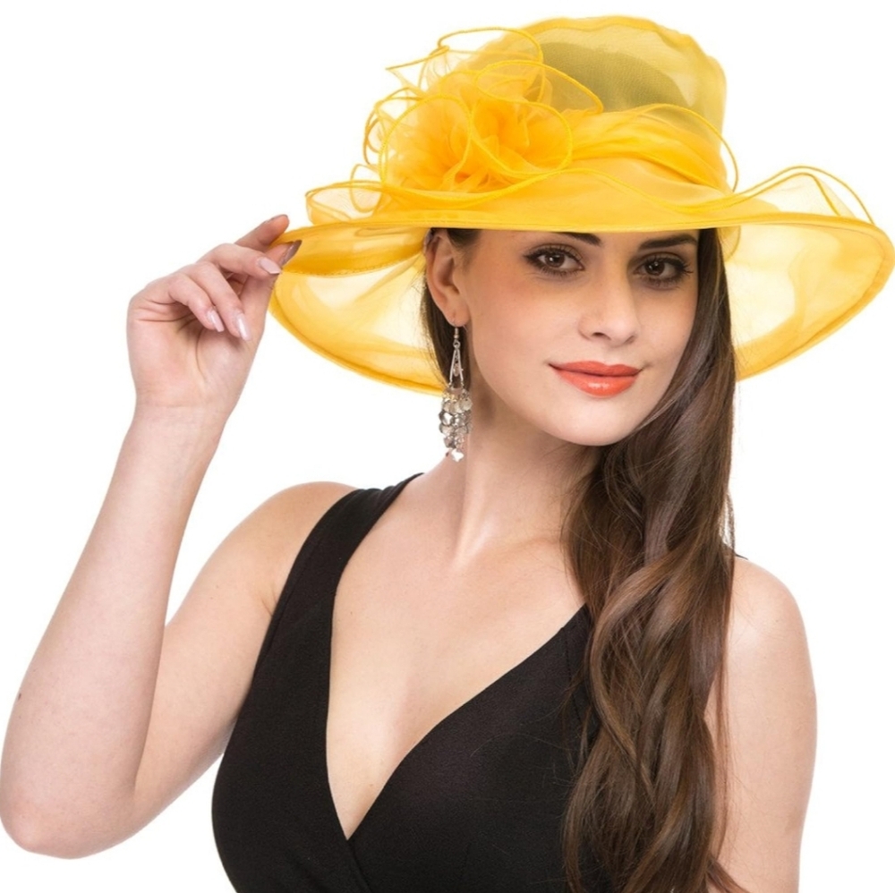 Yellow Organza Wide-Brim Women's Dress Hat